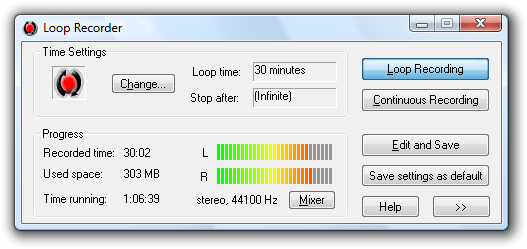 Loop Recorder is designed for capturing songs from the radio. It records in a loop while scrolling the data. So you never miss the beginning of a song ever again! Recorded tracks can be faded in and out and saved as ASF, MP3, OGG or WAV.